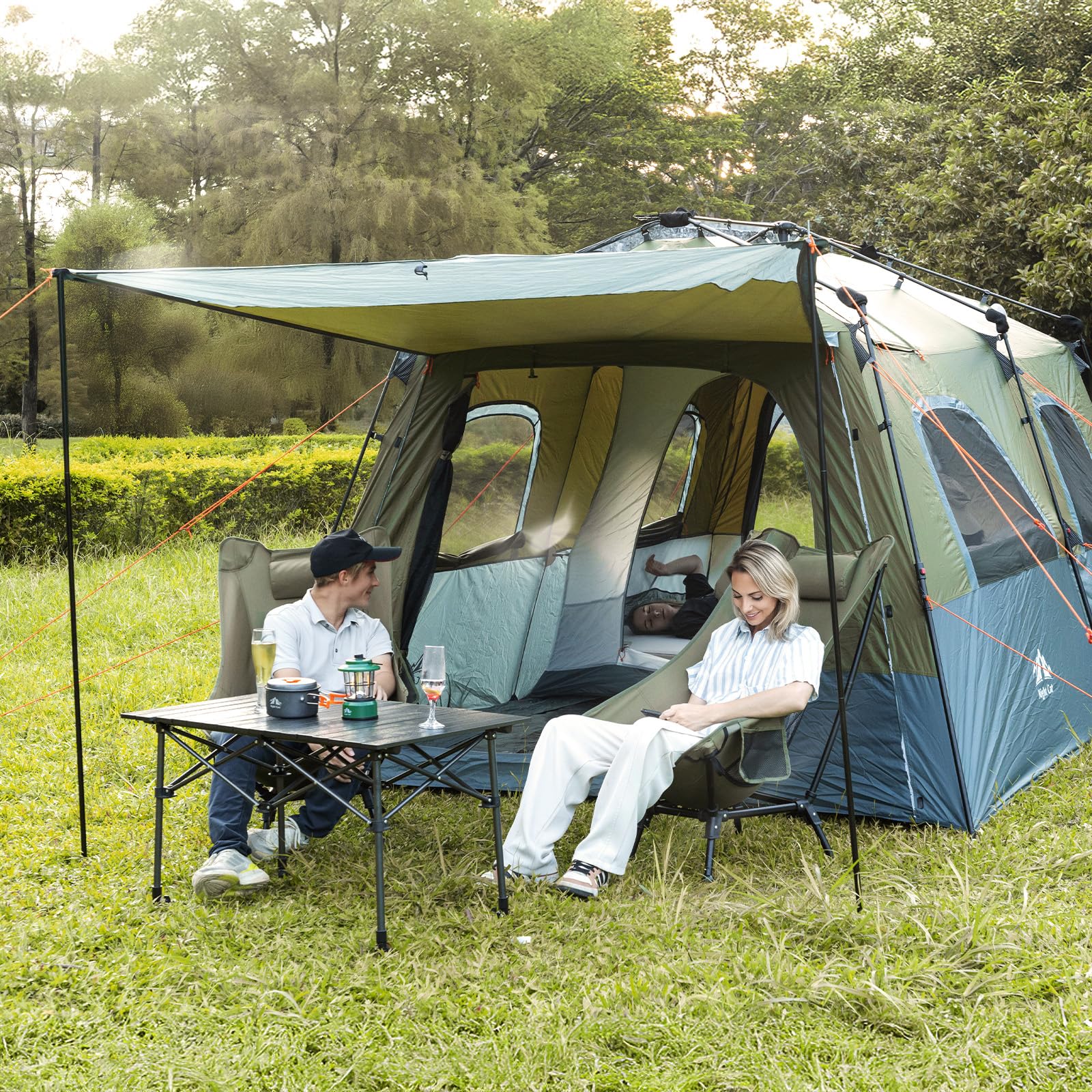 Night Cat Tenda Familiare per 8 Posti: Tenda Automatica Impermeabile Invernale Veranda con Stufa da 2 camere Grandi per Campeggio Esterno