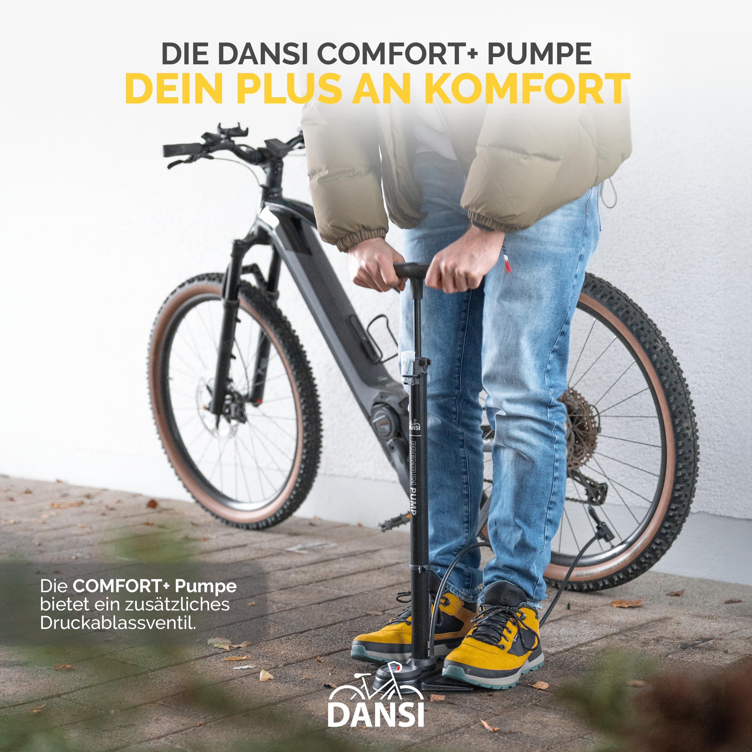 DANSI Pompa per bicicletta a pedale con valvole AV, SV, DV - Pompa ad aria per bicicletta con manometro grande, adattatori e serbatoio | Pompa per moto, bici elettrica, auto e articoli sportivi