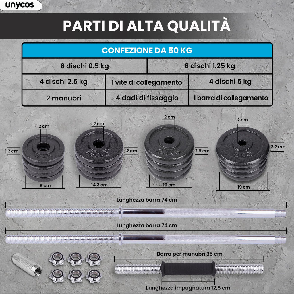 unycos - Haltères Réglables avec Disques 15-50 kg【E-Book + Mallette】Paire de Poids avec Barre de Connexion Antidérapante pour Hommes/Femmes, Entraînement, Gym à Domicile, Fitness (Iron Transformer)