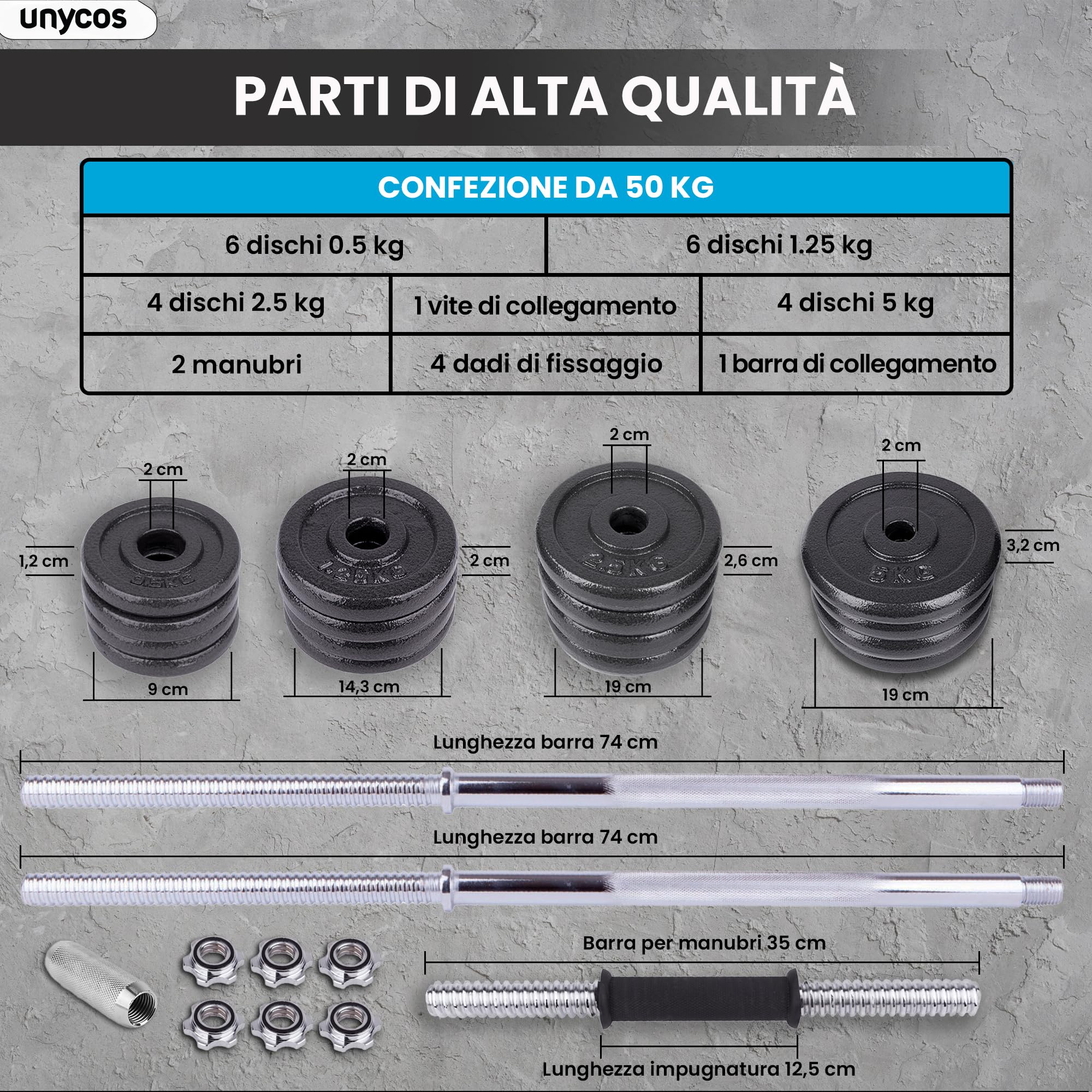 unycos - Haltères Réglables avec Disques 15-50 kg【E-Book + Mallette】Paire de Poids avec Barre de Connexion Antidérapante pour Hommes/Femmes, Entraînement, Gym à Domicile, Fitness (Iron Transformer)