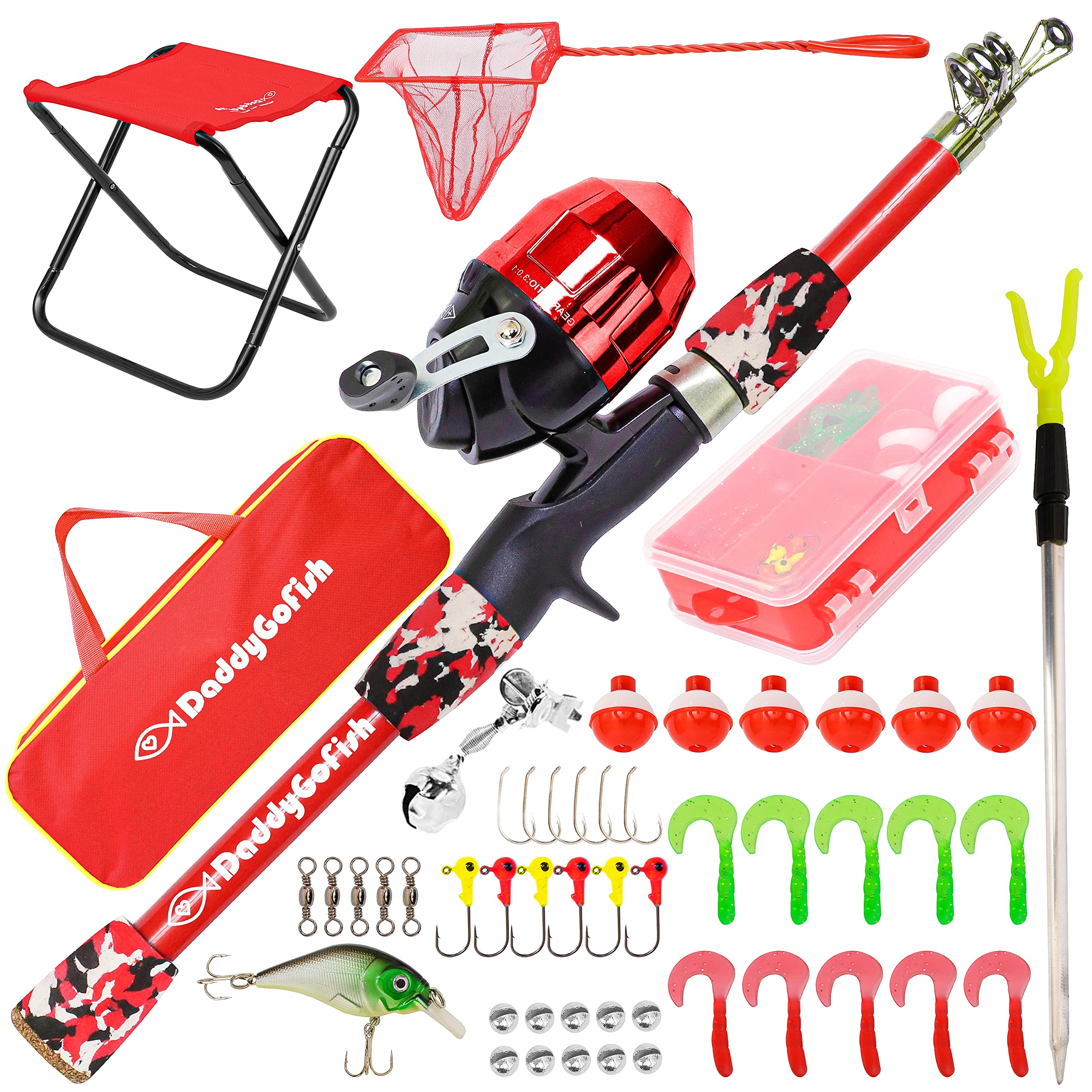 DaddyGoFish Kids Canna da Pesca Telescopica Spincast Combo Sedia Pieghevole Portacanna Tackle Box Bait Net Ragazzi Ragazze