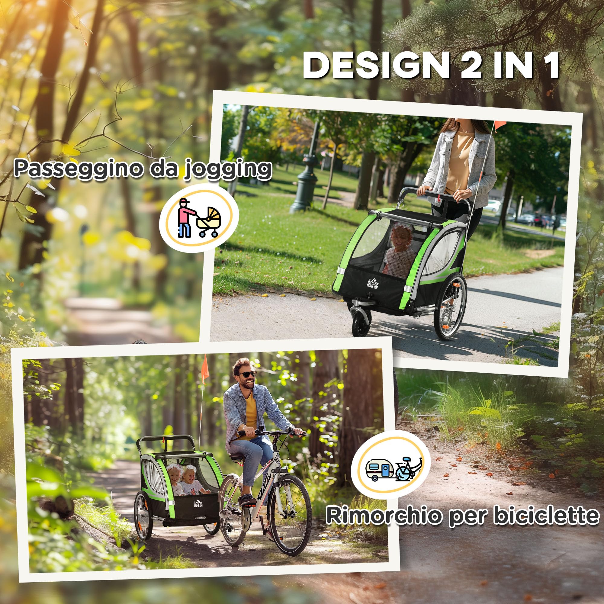 HOMCOM Rimorchio Bici per Bambini e Passeggino, Design 2 in 1 con Freno, Cintura a 5 Punti, Carrello Rimorchio per Bicicletta con Tasche Laterali, Catarifrangenti e Bandierina
