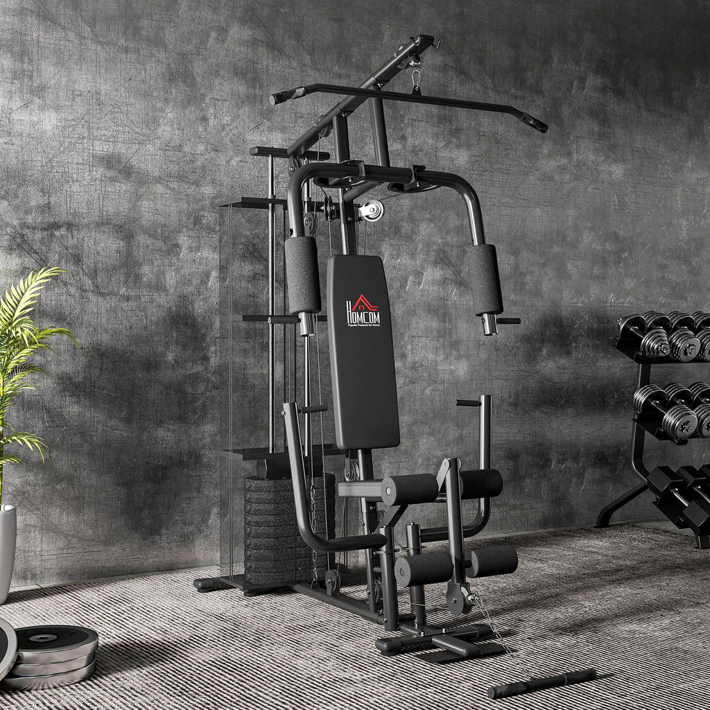 HOMCOM Attrezzatura da palestra domestica, stazione di allenamento multi palestra con pila di pesi da 45 kg, stazione toracica, pressa a farfalla e sviluppatore gambe per allenamento della forza