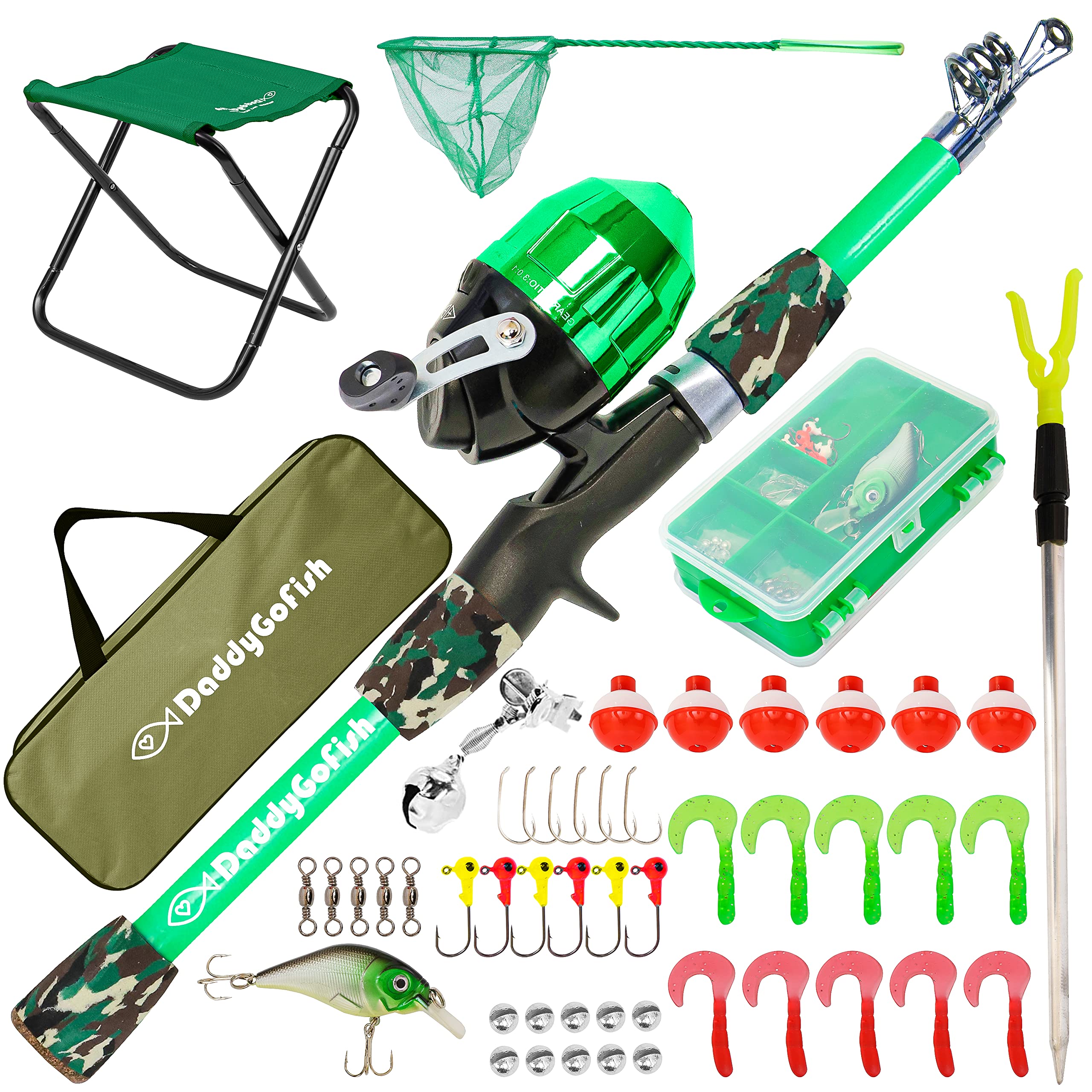 DaddyGoFish Kids Canna da Pesca Telescopica Spincast Combo Sedia Pieghevole Portacanna Tackle Box Bait Net Ragazzi Ragazze