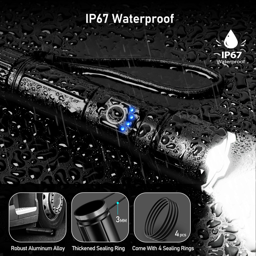 Blukar Torcia LED Potente Professionale, Ultra Alto Lumen Super Luminoso Zoomabile Torcia Alta Potenza, Ricaricabile, 5 Modalità, IP67 Impermeabile Flashlight per Campeggio/Pesca/Emergenza/Trekking