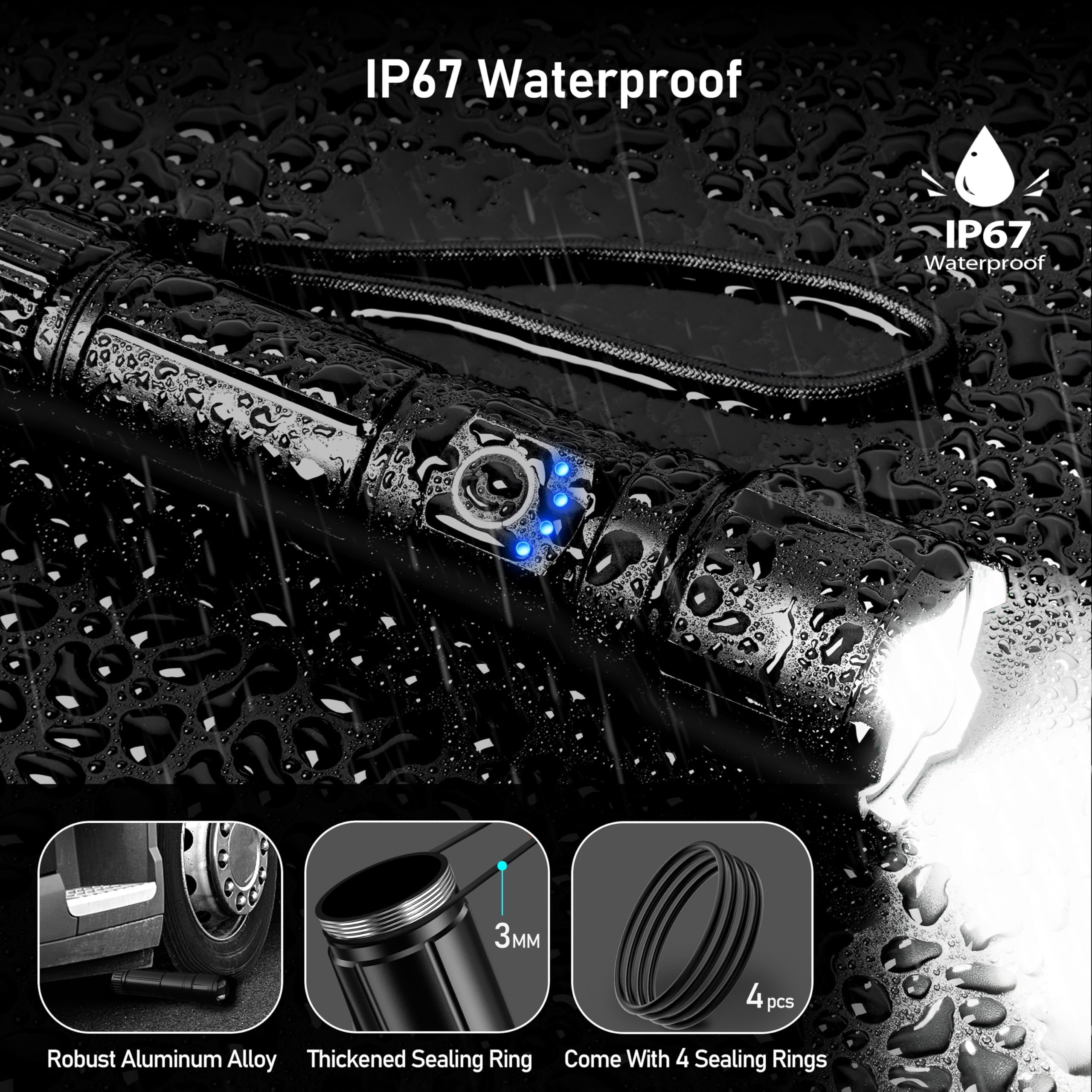 Blukar Torcia LED Potente Professionale, Ultra Alto Lumen Super Luminoso Zoomabile Torcia Alta Potenza, Ricaricabile, 5 Modalità, IP67 Impermeabile Flashlight per Campeggio/Pesca/Emergenza/Trekking