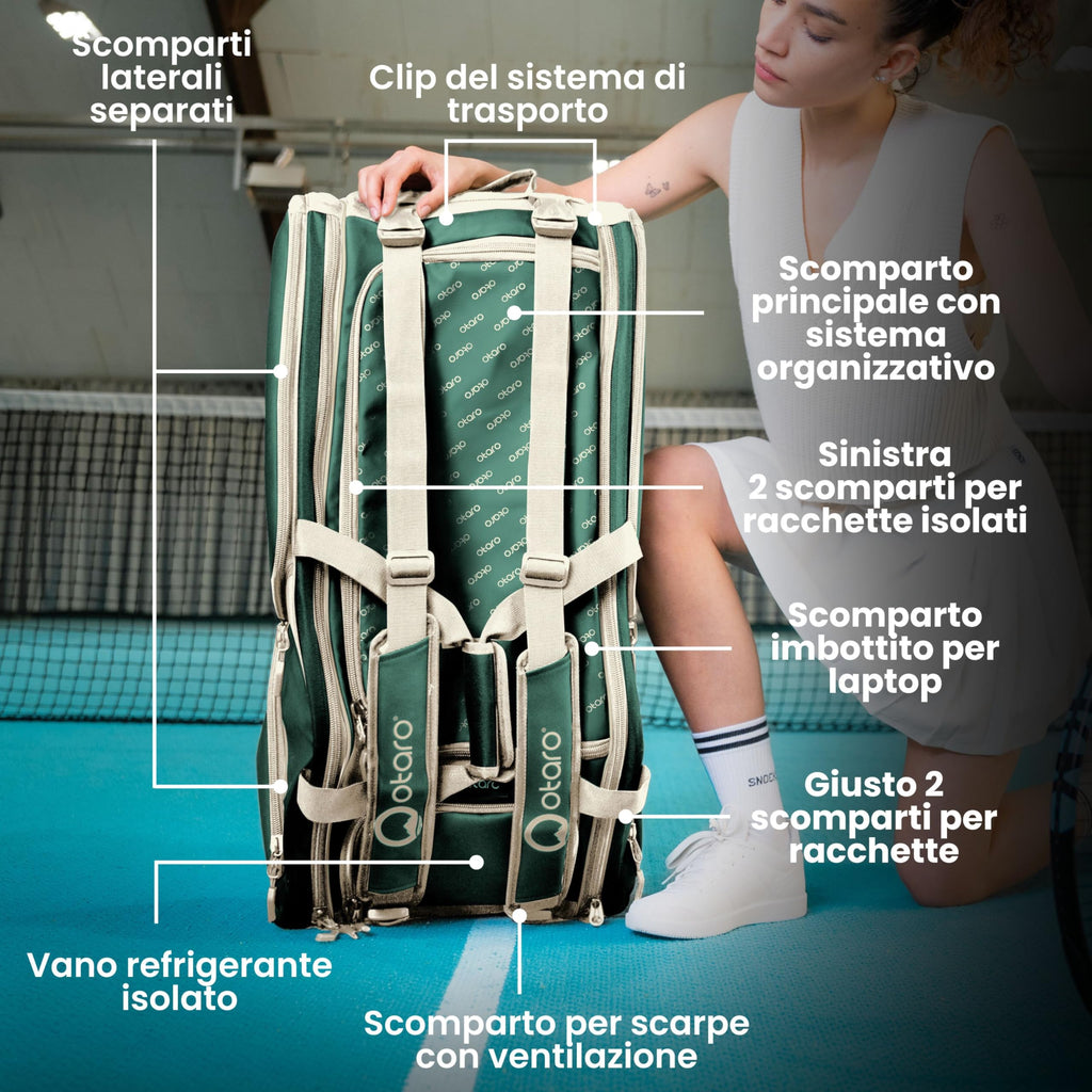 Otaro Sac de tennis 82L | Sac de raquettes de tennis pour 4 raquettes | Avec compartiment isolé, compartiment à chaussures, compartiment thermique et compartiment pour ordinateur portable | Système de transport 3 en 1 | Sac à dos de tennis hydrofuge