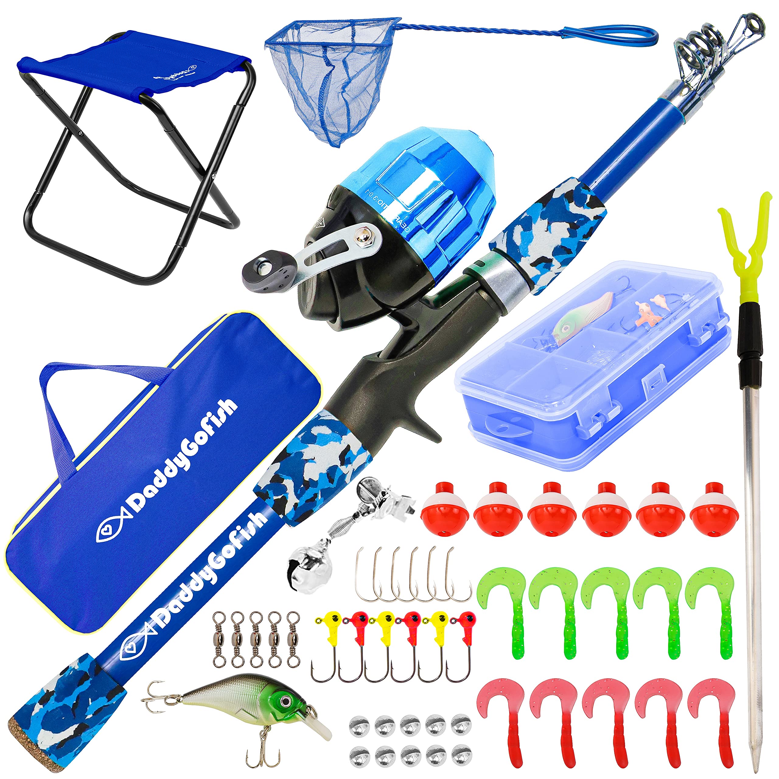 DaddyGoFish Kids Canna da Pesca Telescopica Spincast Combo Sedia Pieghevole Portacanna Tackle Box Bait Net Ragazzi Ragazze