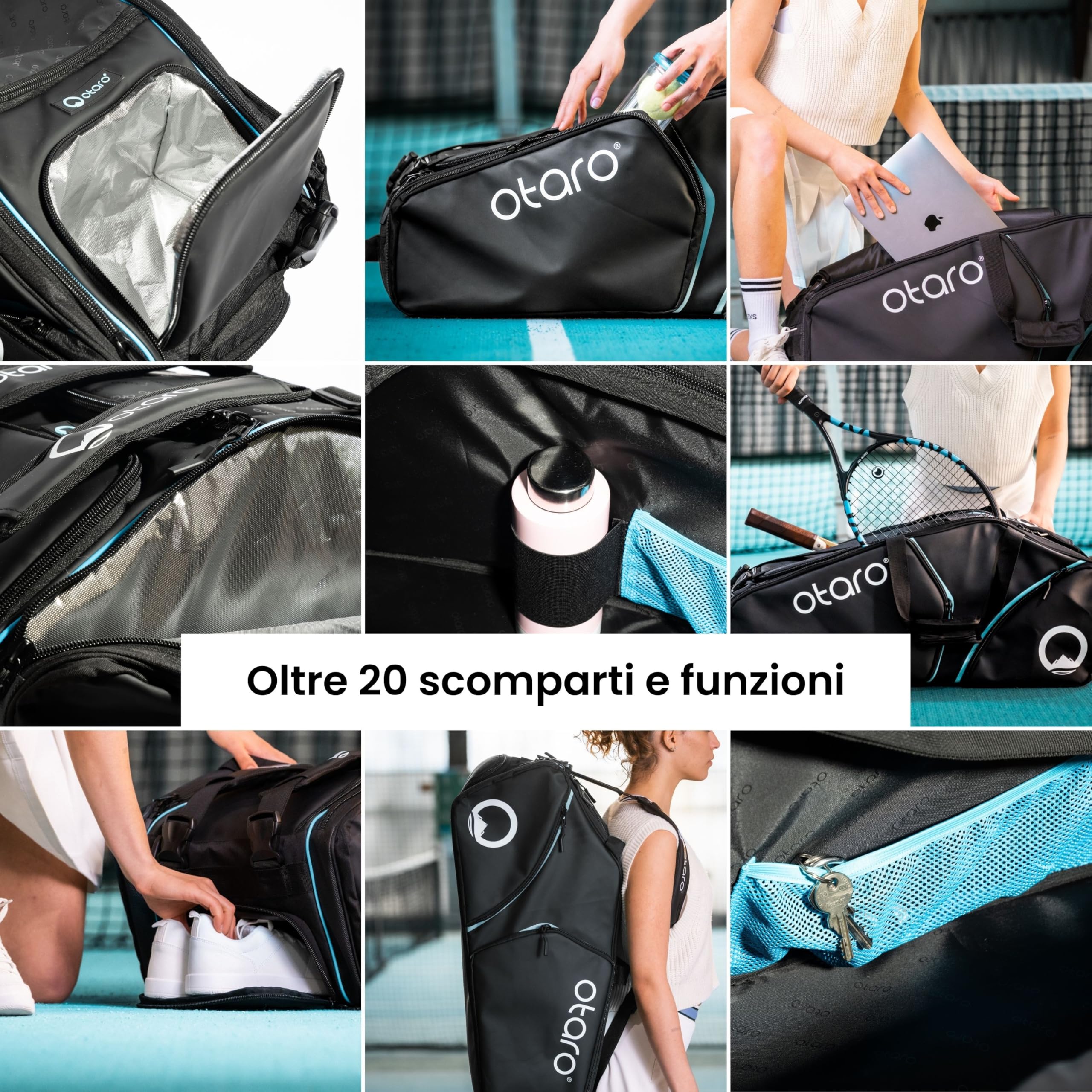 Otaro Sac de tennis 82L | Sac de raquettes de tennis pour 4 raquettes | Avec compartiment isolé, compartiment à chaussures, compartiment thermique et compartiment pour ordinateur portable | Système de transport 3 en 1 | Sac à dos de tennis hydrofuge