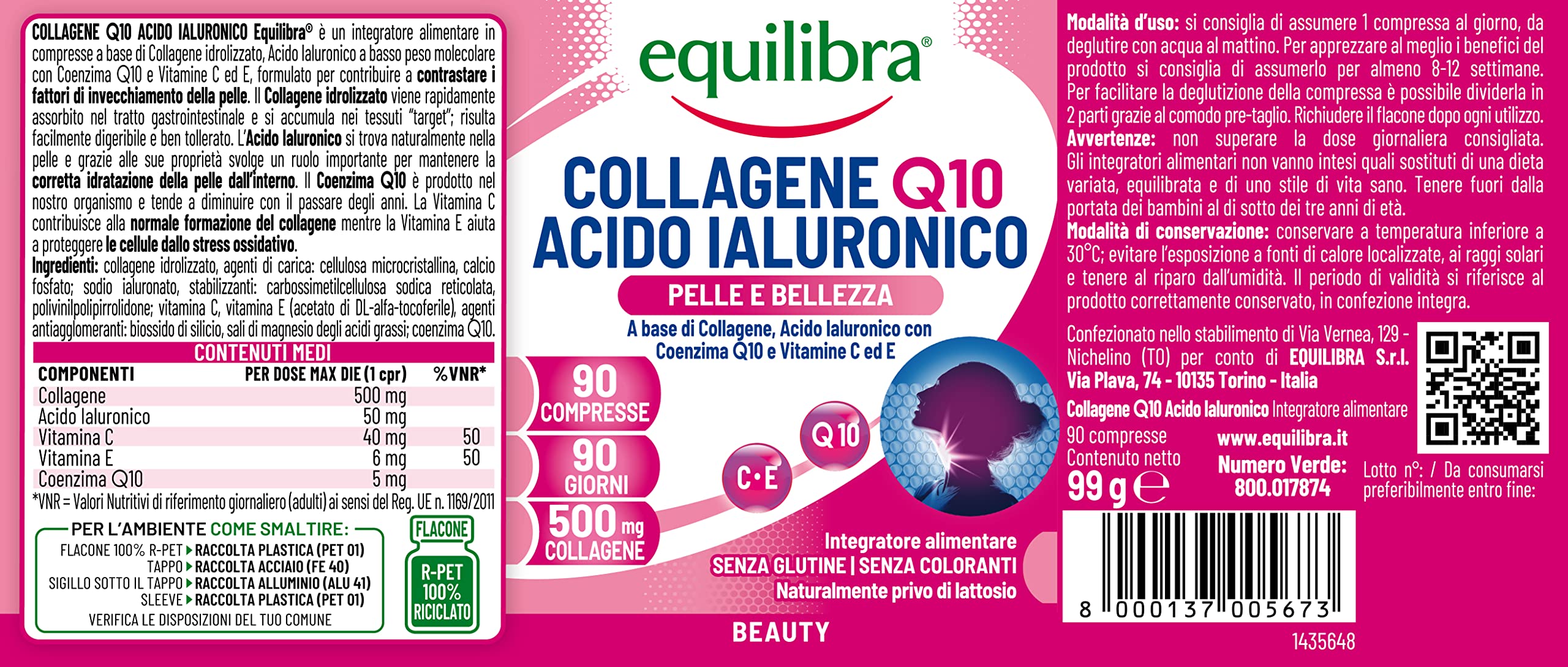 Equilibra Integratori Alimentari, Collagene Q10 Acido Ialuronico, Benessere e Bellezza della Pelle, a Base di Collagene Idrolizzato, Acido Ialuronico, Coenzima Q10, Vitamine C ed E, 90 Compresse