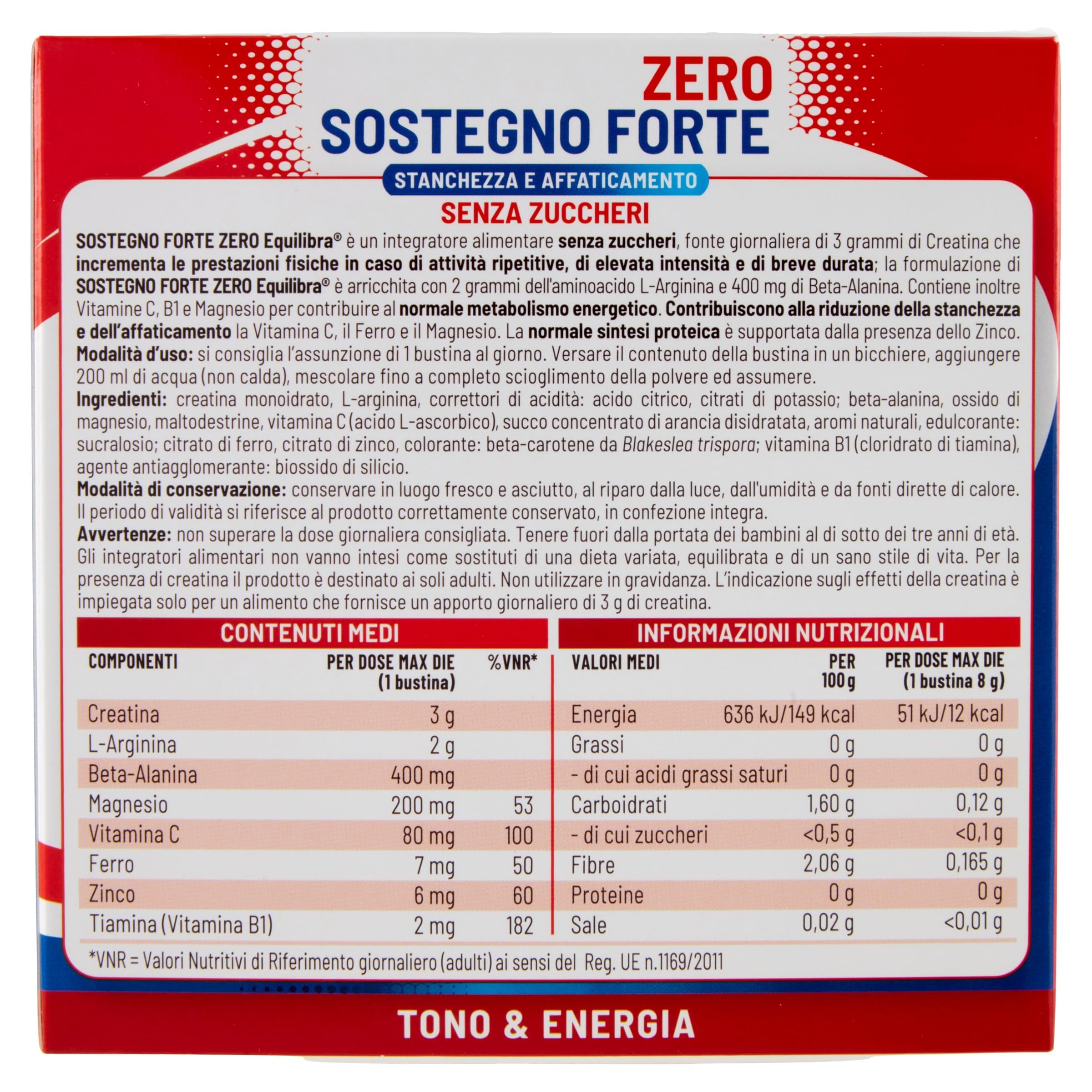 equilibra Integratori Alimentari, Sostegno Forte, Integratore con Creatina, Arginina, Vitamine C, B1, per Incrementare le Prestazioni Fisiche, con Succo Concentrato di Arancio, 22 Bustine Monodose