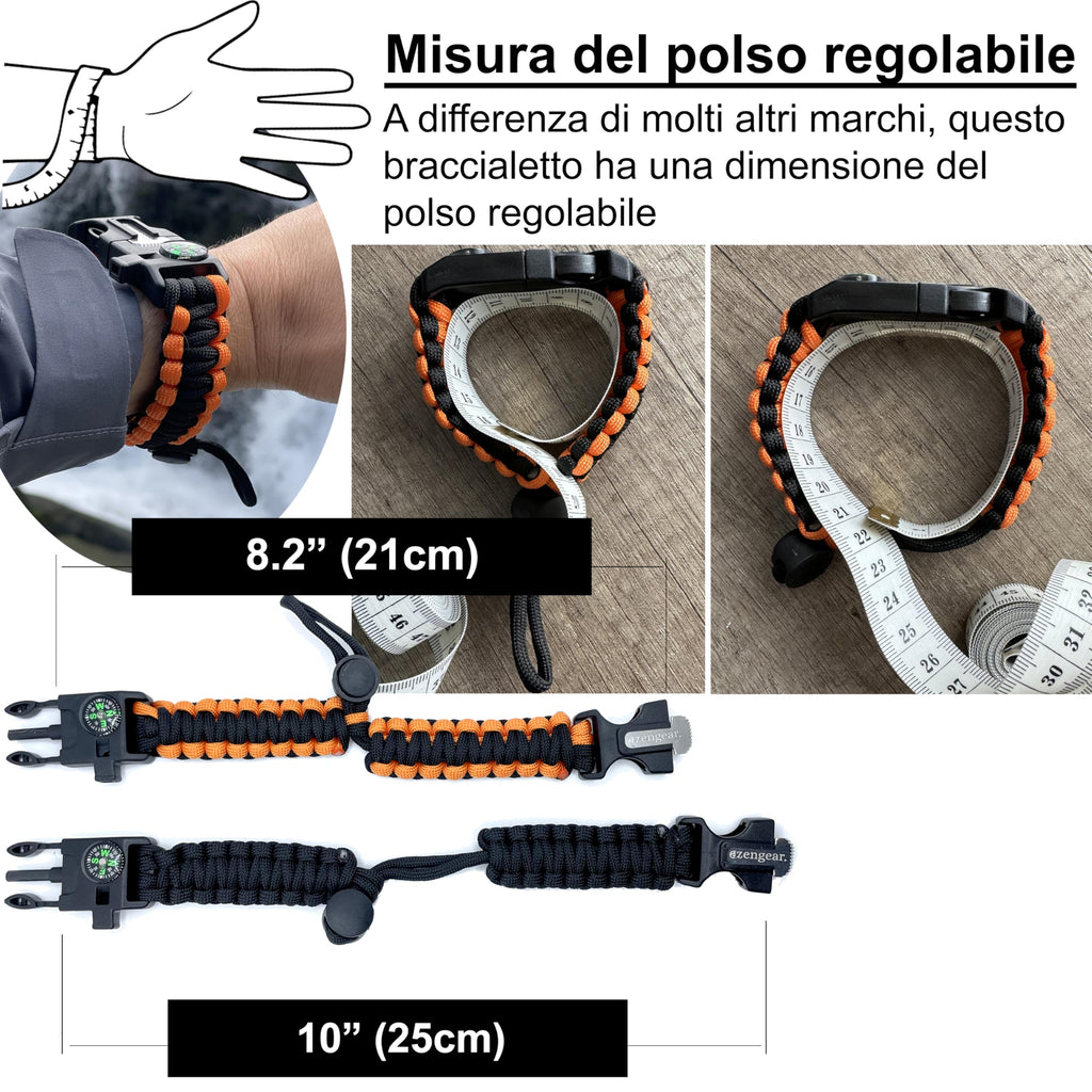 Braccialetto Sopravvivenza in Paracord (Coppia) │ Accendifuoco in selce e Acciaio, Fischietto, Bussola, Fascia Regolabile per Campeggio, bushcraft, Kit di Emergenza (Nero e Arancione)