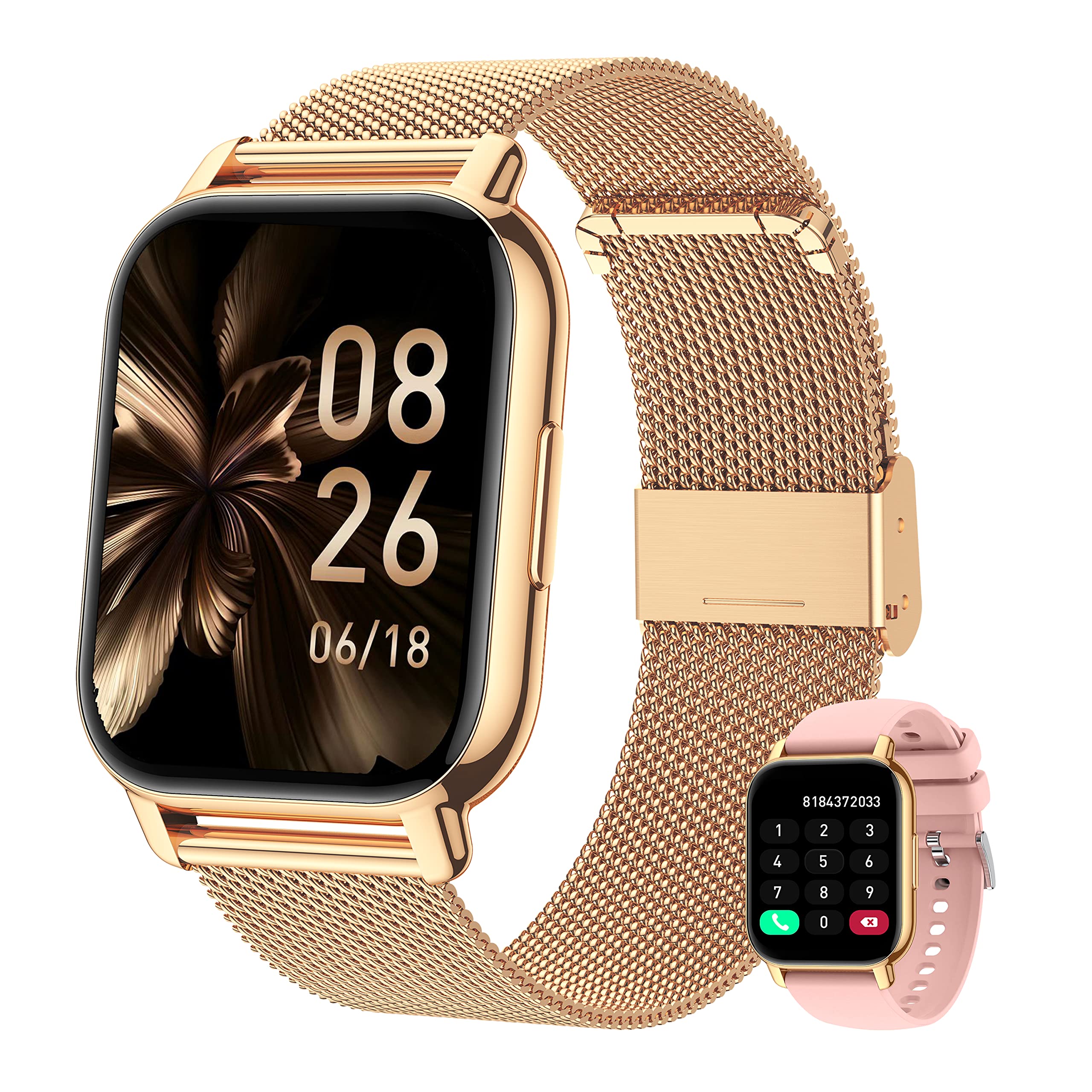Popglory Smartwatch Uomo Donna Chiamate e Whatsapp, AI Orologio Contapassi 100+ Sports, Assistente, Salute 24/7, Pressione Sanguigna, Cardiofrequenzimetro, SpO2 Sonno, 2 Cinturini per Android iOS