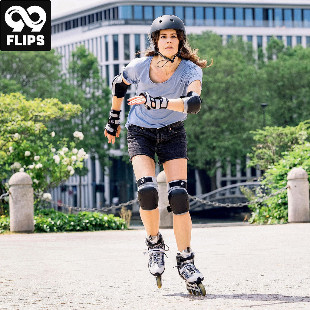 99FLIPS Protezioni Pattini Skateboard Adulto e Giovani - Set di Protezioni da Donna con Ginocchiere e Gomitiere - Protezione Skate