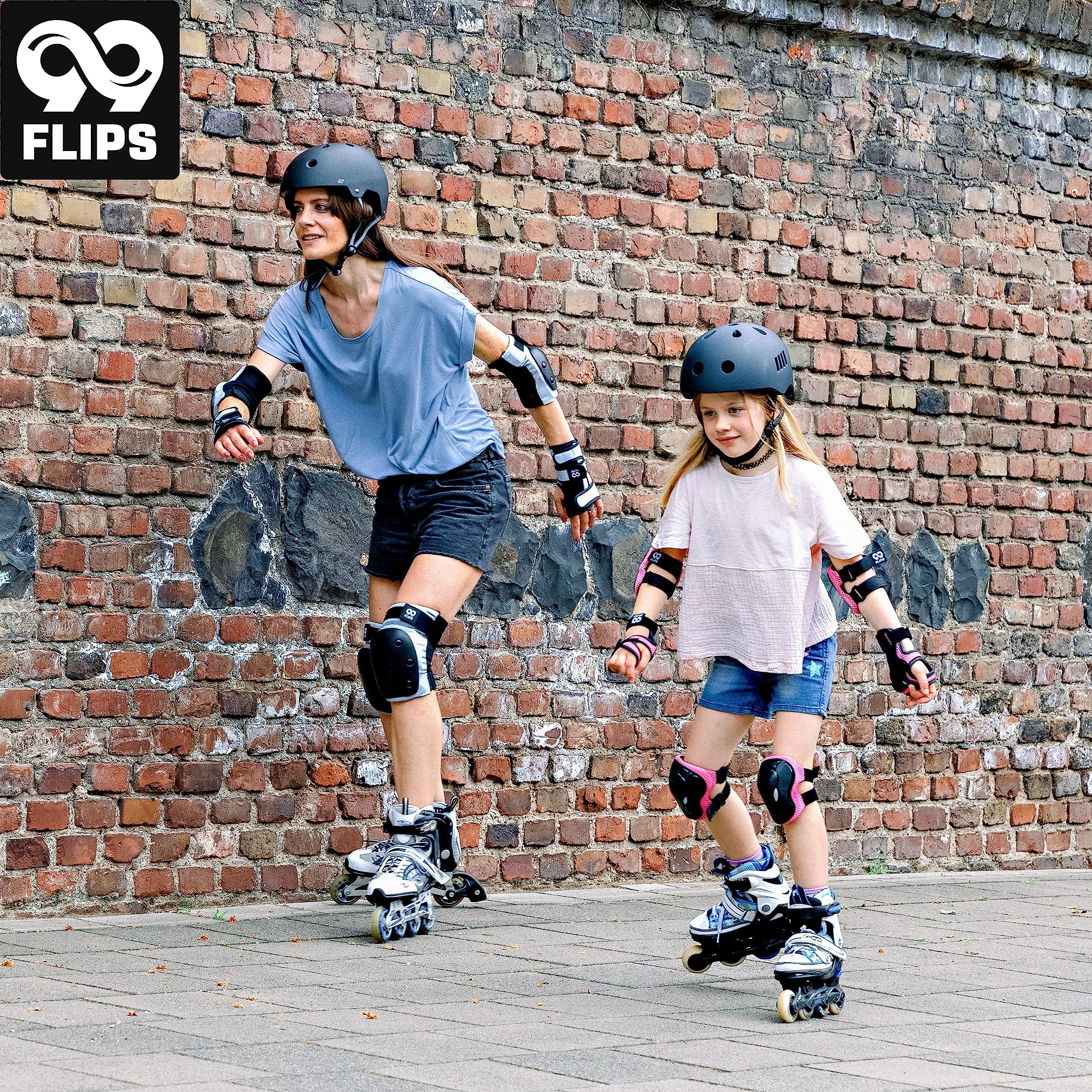 99FLIPS Protezioni Pattini Skateboard Adulto e Giovani - Set di Protezioni da Donna con Ginocchiere e Gomitiere - Protezione Skate