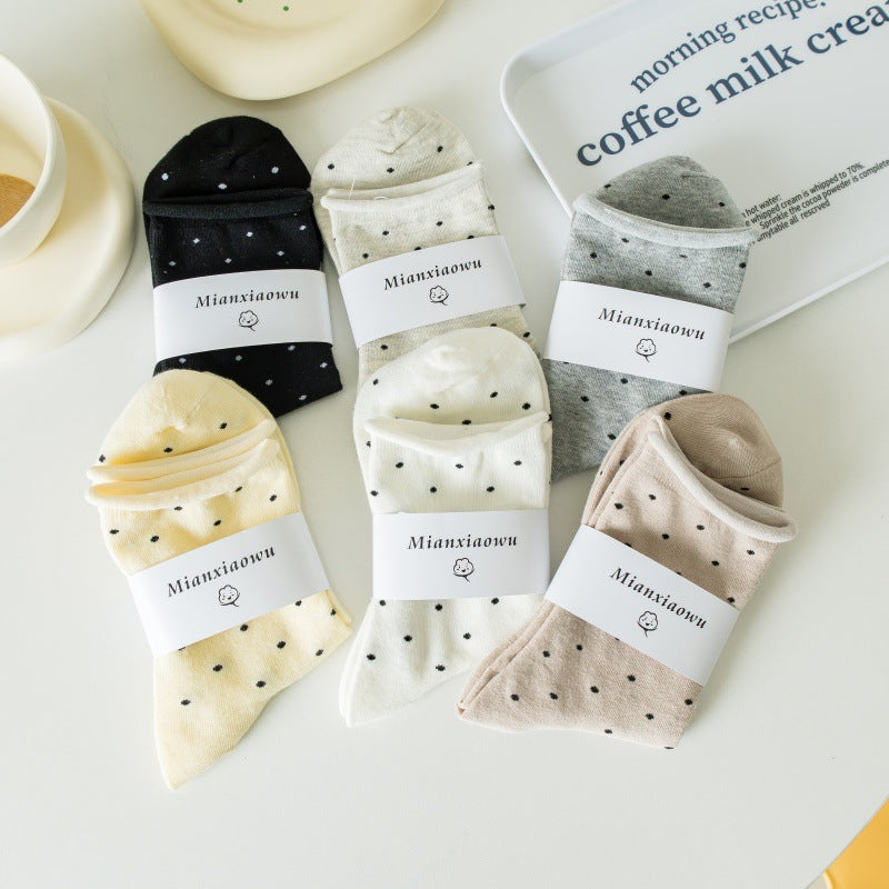 Versión coreana de algodón puro de outono/invierno para mujer, calcetines de algodón de lunares con borde enrollado hasta la mitad de la pantorrilla, calcetines de pila de estudiantes, calcetines de mujer, Zhuji sock industry