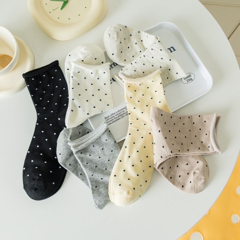 Versión coreana de algodón puro de outono/invierno para mujer, calcetines de algodón de lunares con borde enrollado hasta la mitad de la pantorrilla, calcetines de pila de estudiantes, calcetines de mujer, Zhuji sock industry