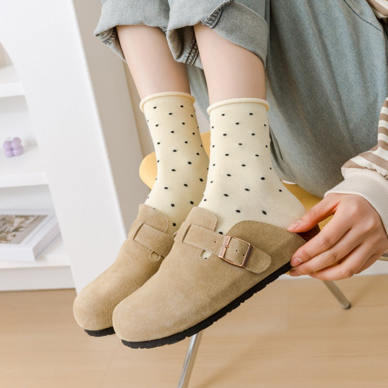 Versión coreana de algodón puro de outono/invierno para mujer, calcetines de algodón de lunares con borde enrollado hasta la mitad de la pantorrilla, calcetines de pila de estudiantes, calcetines de mujer, Zhuji sock industry