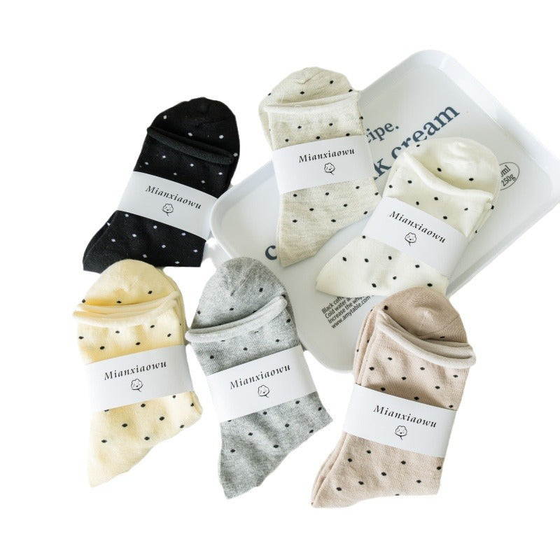 Versión coreana de algodón puro de outono/invierno para mujer, calcetines de algodón de lunares con borde enrollado hasta la mitad de la pantorrilla, calcetines de pila de estudiantes, calcetines de mujer, Zhuji sock industry