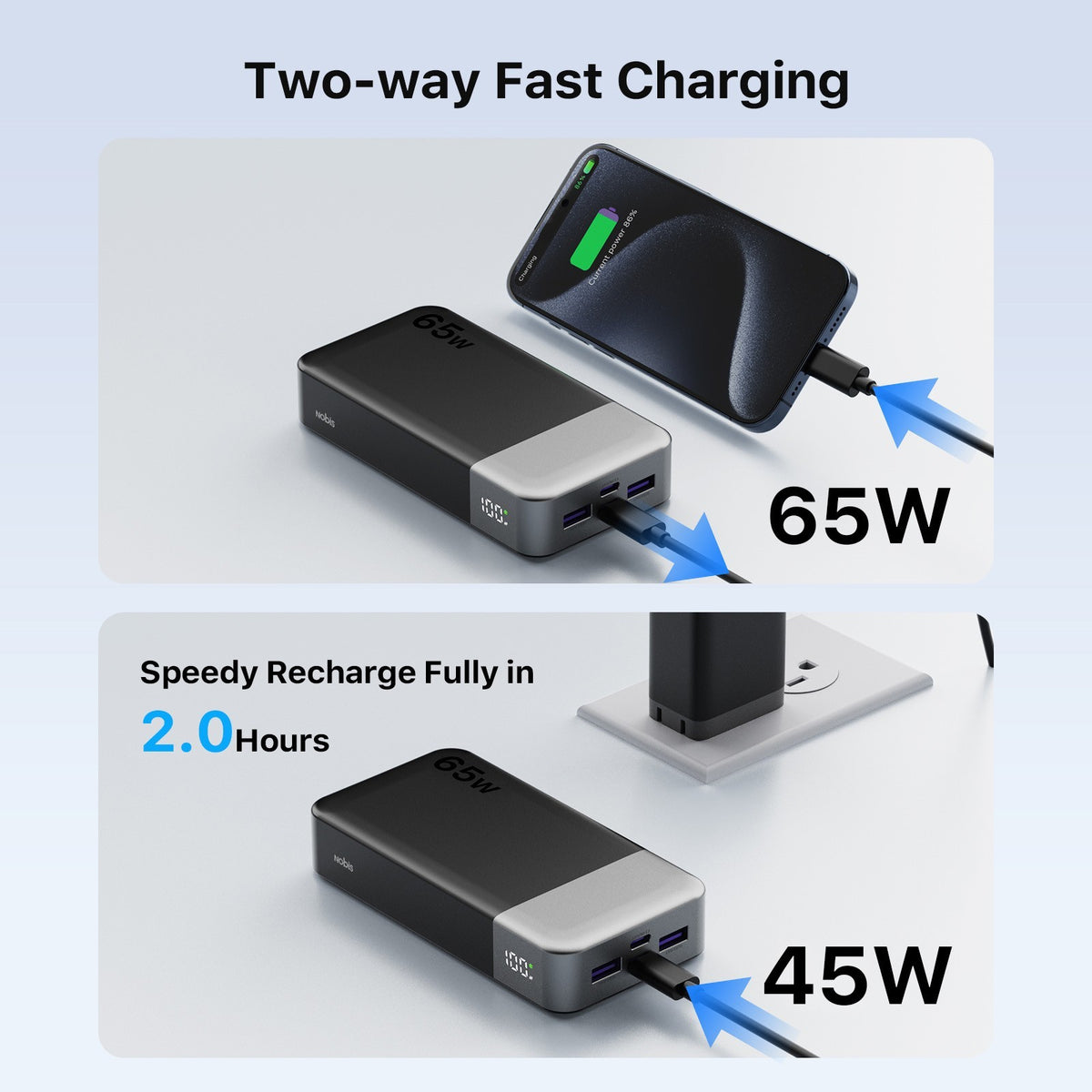 JUOVI Power Bank 20000mAh 65W Caricatore Portatile Ricarica Rapida Phone Verde
