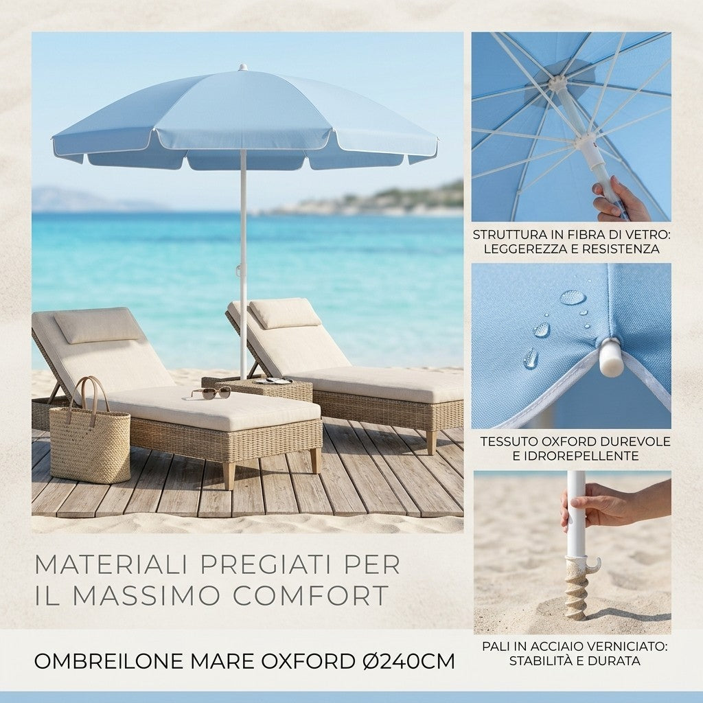 Ombrellone Mare HEMAX Oxford Parasole Fibra Vetro Giardino Spiaggia Ø240cm