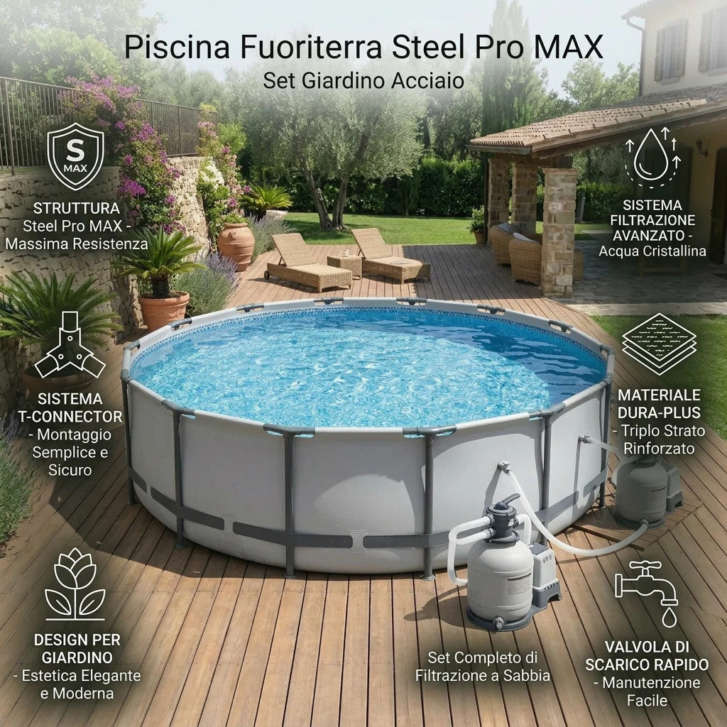 Piscina Fuoriterra Steel Pro MAX Set Giardino Acciaio 4.88m x 1.22m