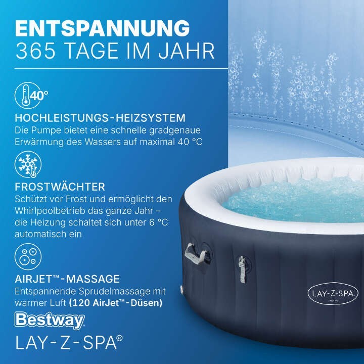 Bestway LAY-Z-SPA Miami AirJet Vasca Idromassaggio Ø 180cm, 4 Pers NUOVO Risparmio Energetico Piscina